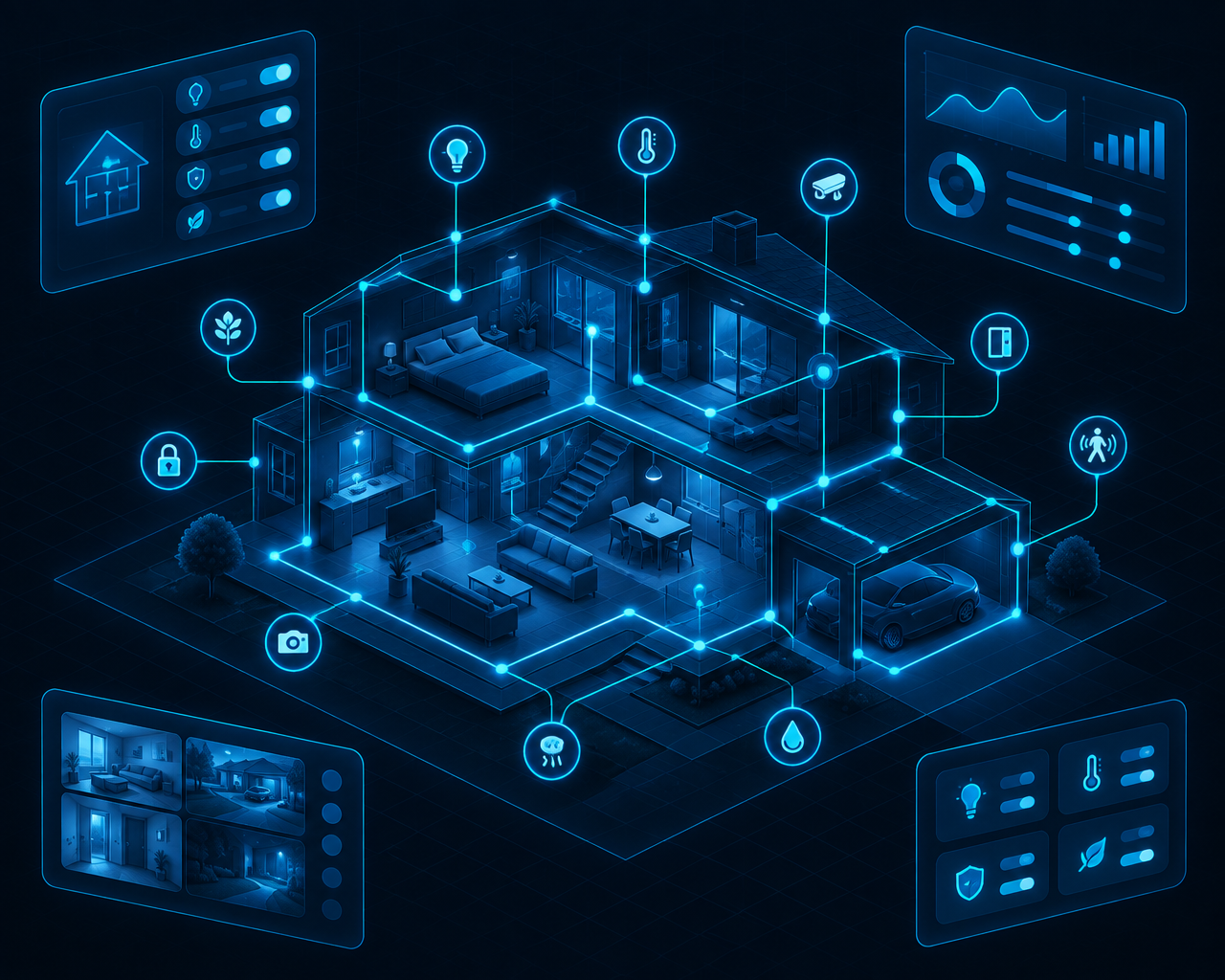 Schema isometrico di una casa connessa con sensori e pannelli di controllo